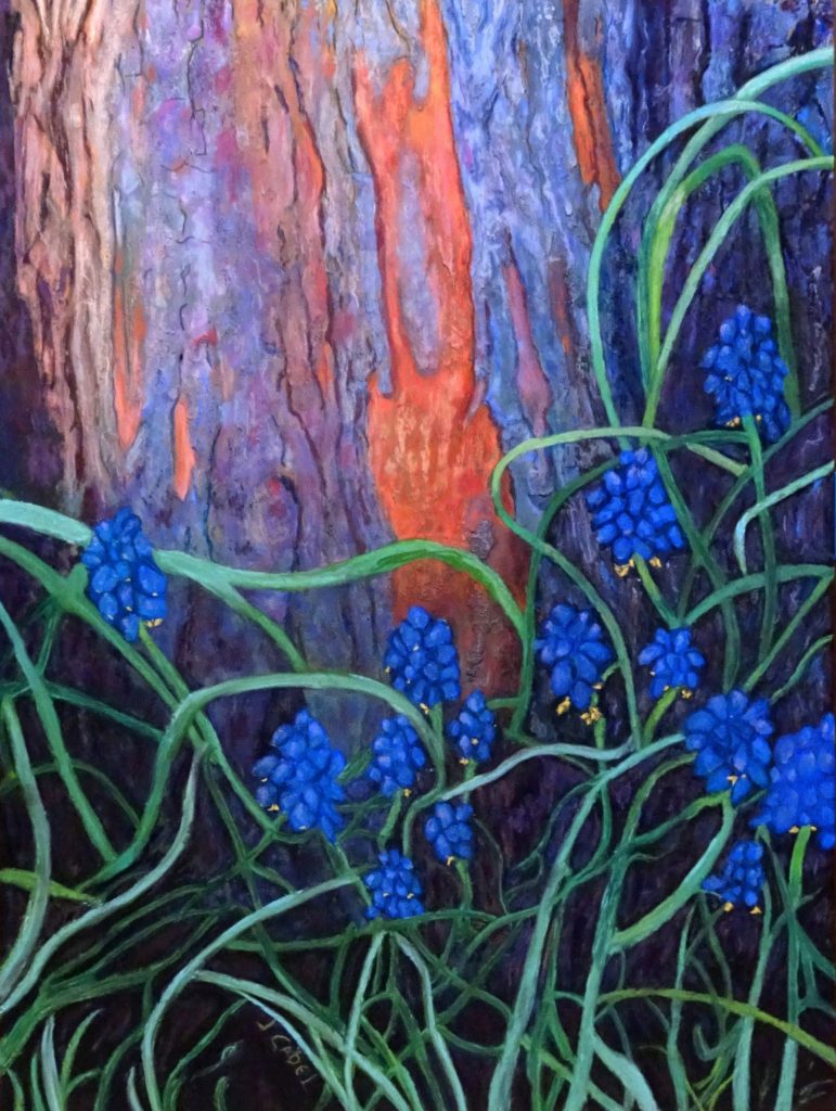 © Laura Gabel, “Bark and Bluebells”. Pastel, 22.5x29. Framed in a mahogany wood frame with museum non-glare glass. $2500. Creation speaks