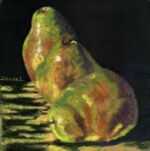 <a href="https://fineartamerica.com/featured/me-first-pears-laura-gabel.html" target="_blank" rel="noopener noreferrer">Purchase "Me First Pears" Here</a> © Laura Gabel, "Me First Pears". Pastel on UArt, framed in black with a green suede mat, 13 1/2 x 13 1/2. $395.00.